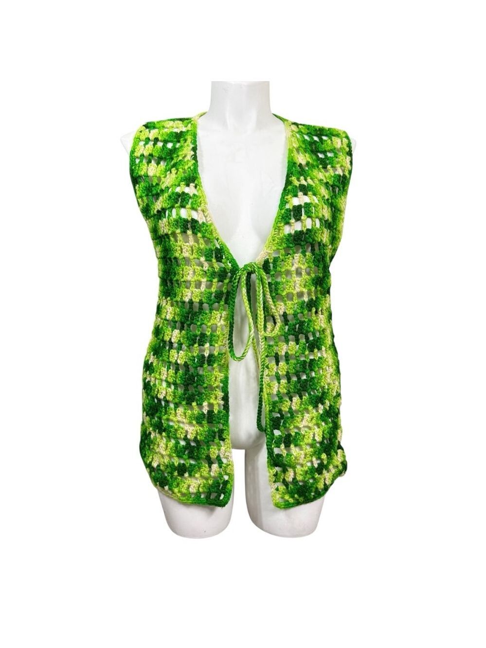 Vintage Handmade Crochet‎ Granny Square Vest Green Open Knit Size Medium
